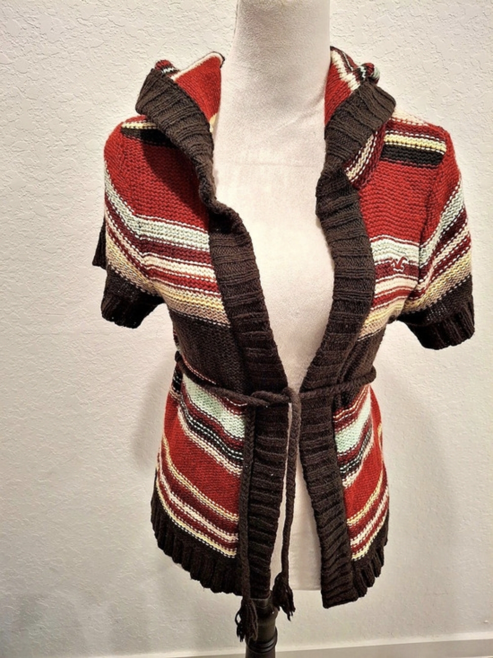 Hollister Striped Hooded Cardigan in Red & Brown Large Like New